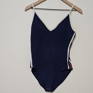 PINK Victoria's Secret Navy Bodysuit with White and Orange Accents